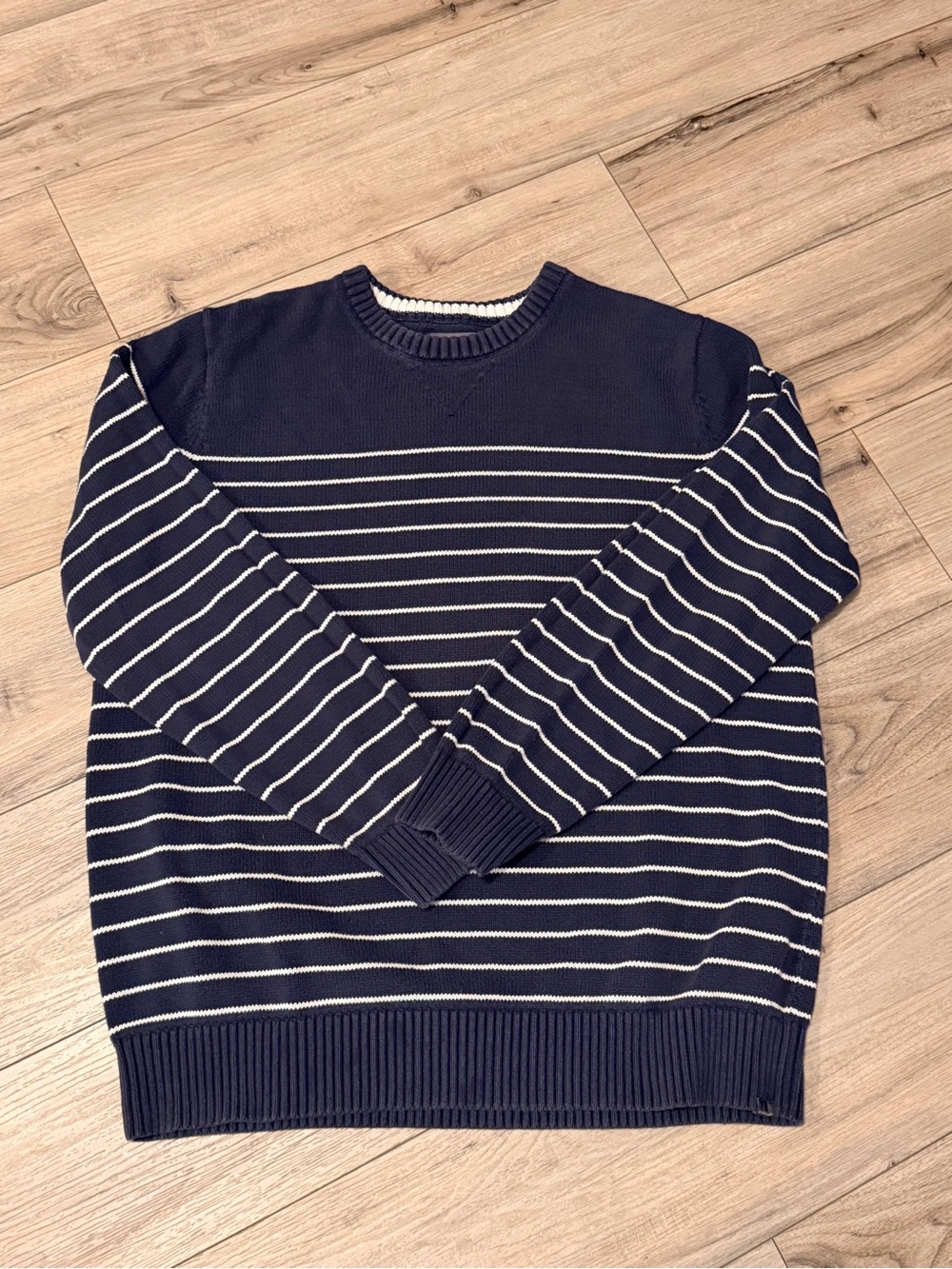 Eddie Bauer Navy and White Striped Crewneck Sweater